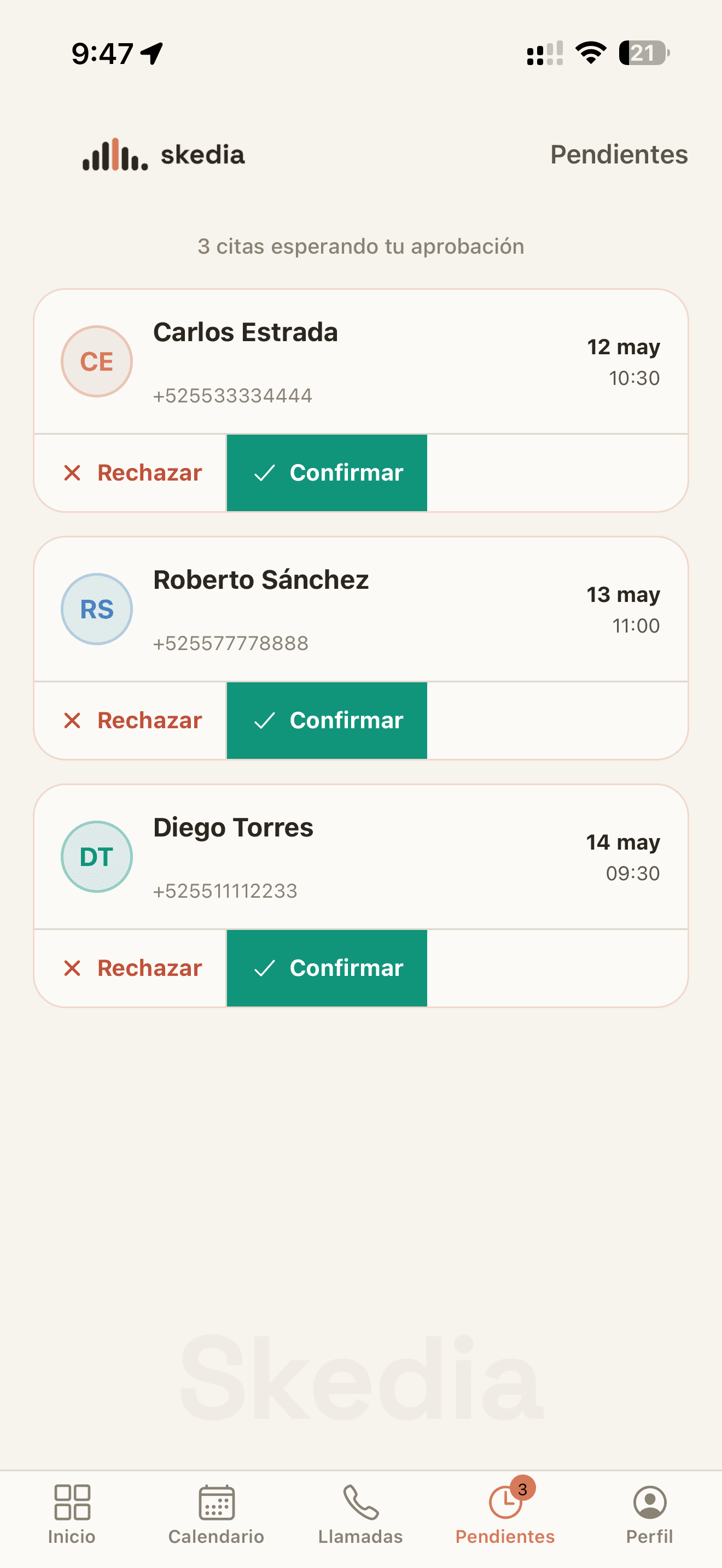 Skedia app — Calendario